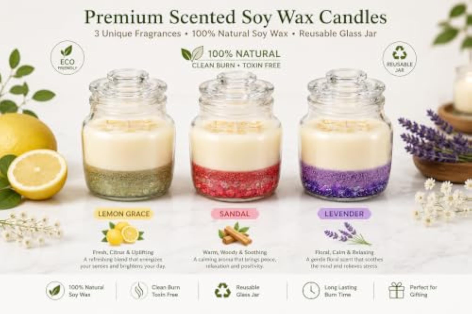 Glittering Natural Soy Wax Scented Candle Set in Reusable Glass Jar, 3 Pack