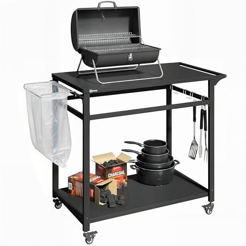 Outsunny Küchenwagen mit Rollen 2-stöckiger Servierwagen Rollwagen mit Müllbeutelhalter Haken Griffe Küchenhilfe BBQ Grilltisch aus Metall Küchentrolley 113 x 50 5 x 88 cm Schwarz