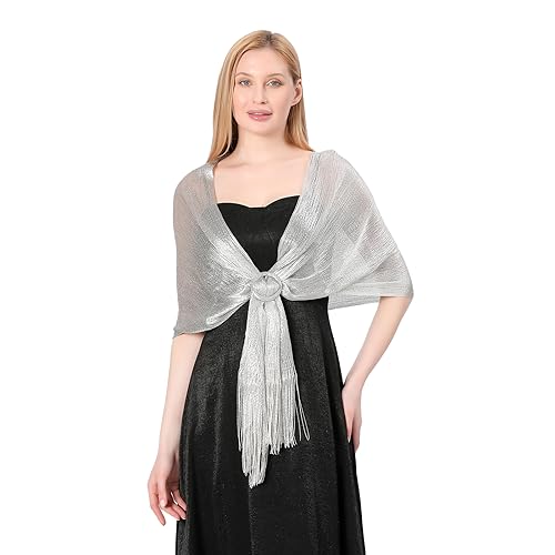 Image of Stoles for Evening Dress with Buckle, Fringes - Polyester Blend, Shimmer Stole Wraps for Weddings, Party | Women's Clothing
