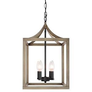 4-Light Farmhouse Chandelier – Industrial Lantern Ceiling Fixture with Painted Wood Metal Cage, Geometric Pendant Chandeliers Light for Entryway, Foyer, Kitchen, E12 Base