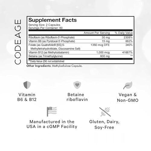 Codeage Methylfolate B Complex Supplements - 5 MTHF, Methylcobalamin 1000mcg Methylated Vitamin B12, Riboflavin, Betaine, Vitamins B6, Methylation Cycle MTHFR - 2 Months - 120 Capsules - Thumbnail 2