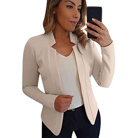 OMZIN Damen Blazer Langarm Einfarbig Slim Revers Business Büro Jacke Knopfleiste Mantel Beige M Cover