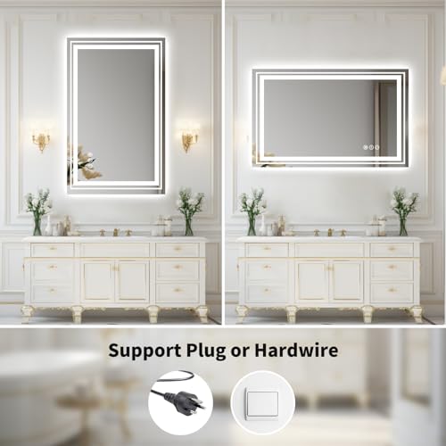 Image of WTTY LED Bathroom Mirror 31.5 inchx48 inch with Back and Front Light,Modern LED Mirror for Bathroom,Dimmable Lighted Bathroom Vanity Mirror with Anti-Fog,Memory Function,Shatter-Proof,Wall Mounted