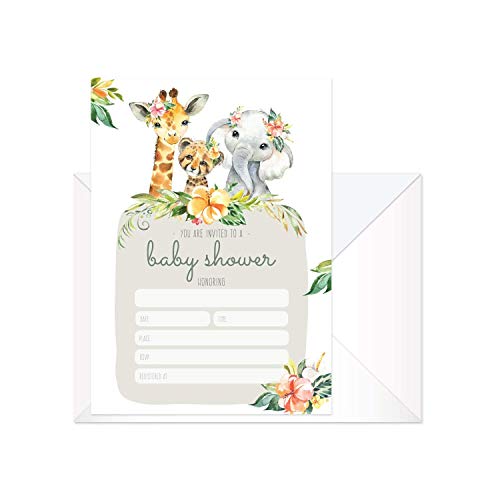 Boho Safari Animal Baby Shower Invites / 25 Welcome Baby Desert Animals Party Invitations / 5" X 7" Flat Floral New Baby Party Invitation Cards/Made In The Usa #TOP18