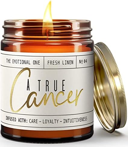 Cancer Gifts for Women, Zodiac Gifts - A True Cancer Soy Zodiac Candle, w/Fresh Linen I Astrology Gifts for Women I 9oz Reusable Amber Glass Jar, 50 Hr Burn Time, Made in USA