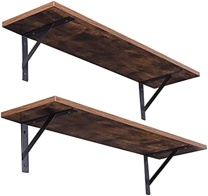 DINZI LVJ Long Wall Shelves, 31.5 Inch Wall Mounted Shelves Set of 2, Easy-to-Install, Wall Storage Ledges with Sturdy Metal Brackets for Living Room, Bathroom, Bedroom, Kitchen, Rustic Brown