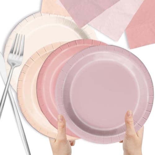 Image of CMUSKO Pink Birthday Decorations - 60pcs Retro Dusty Pink Plates & Napkins Kit Boho Theme Tableware for Baby Shower,Wedding, Bridal Shower