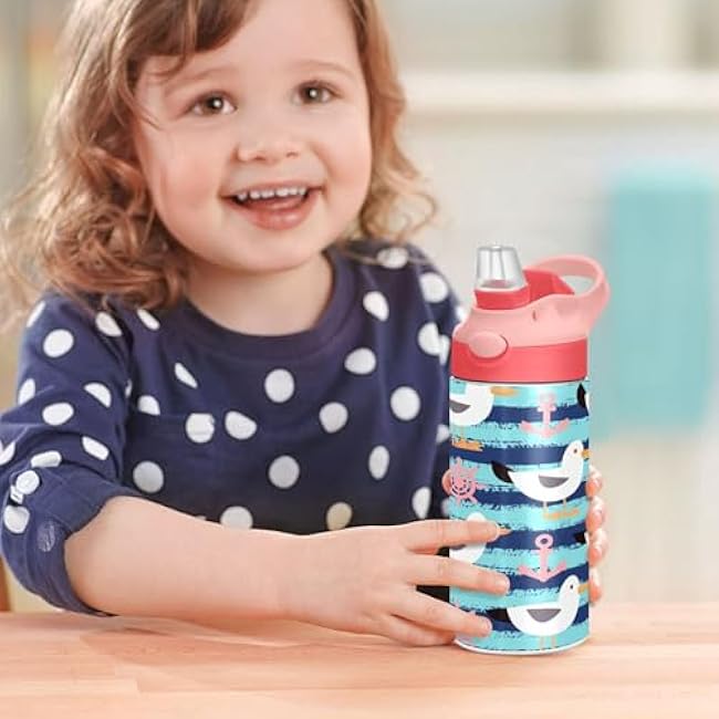 Kigai Seagulls Stripes Kids Water Bottle with Straw Lid for Girls Boys, Insulated Stainless Steel Water Bottles with Straw Lid for School Travel Camping Hiking, 12oz