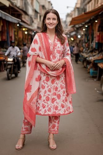 Image of Yashika Women's Cotton Blend Printed Kurta with Pant & Dupatta| Kurta with Pants and Dupatta Set
