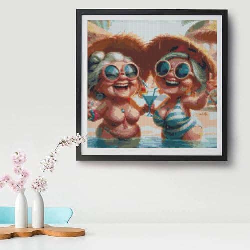 Image of Granny and Sandy Beach Stamping Cross Stitch Kits, Embroidery Starter Kit for Adult Beginners, 11CT Cross-Stitch Patterns Dimensions Kit Arts,Needlepoint Kit Crafts for Home Decor 13.7 x 13.7 inch