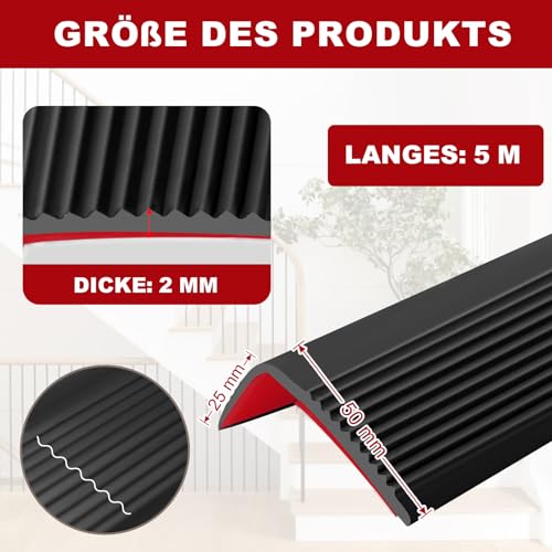 SDLDEER Treppenkantenprofil 50mm x 5m Treppenkantenprofil Selbstklebend Rutschfeste Treppenkante Flexible PVC-Gummistufen Treppen Kantenschutz für Außen und Innenbereich (Schwarz)