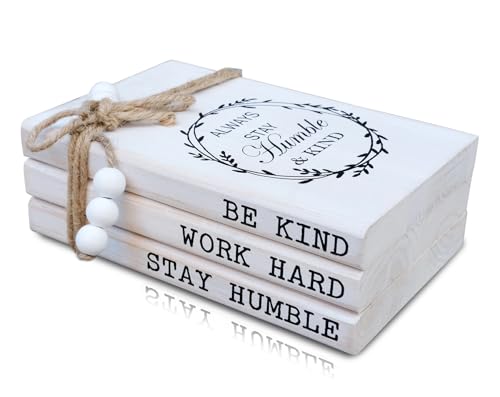 LIVDUCOT Wooden Decorative Books for Home Decor, White Faux Books for Rustic Decoration, Farmhouse Stacked Book Decor for Living Room, Entryway, Bookshelf （Be Kind Work Hard Stay Humble）