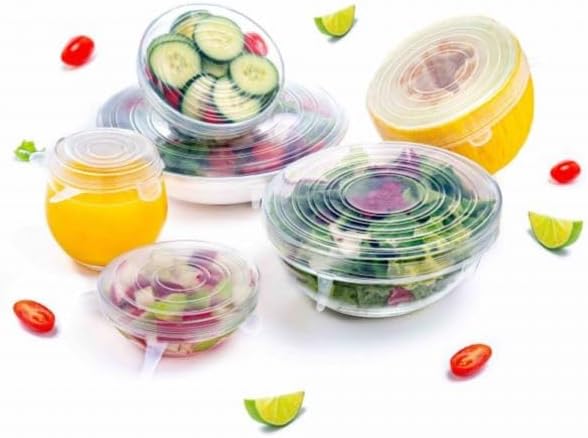 Set of 6 round silicone stretch lids, in cm: 6.6/9.5/11.4/14.2/16/19.7