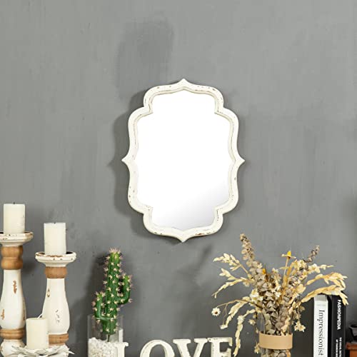Vintage Scalloped Wall Mirror Decorative 16" X 12", Hanging Rustic Distressed White Bathroom Mirrors For Vanity, Farmhouse Wood Quatrefoil Small Mirror, Wall Mounted Mirrors For Living Room Bedroom #TOP2