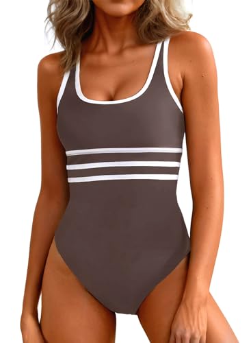 Aleumdr Einteilige Badeanzug Damen Sport Bademode Bauchweg Monokini Push Up Swimsuits Braun Größe Mittel
