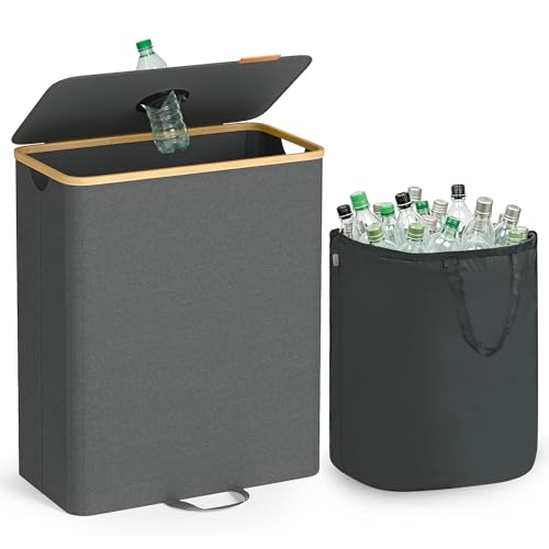 SONGMICS Pfandflaschen-Sammelbehälter, 135 L Pfandflaschen-Behälter, Flaschensammler Leergut, Recycling-Behälter, mit Loch, Deckel, Innensack mit Griffen, Küche, schiefergrau-naturbeige RRB513G01