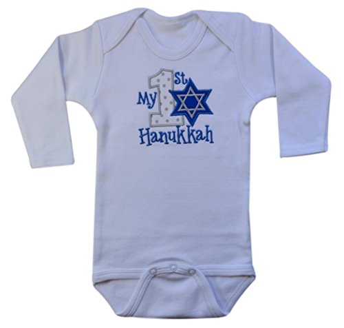 My First Hanukkah Jewish Holiday Handmade Embroidered Onesie Bodysuit for Baby (3-6 Months, LONG Sleeve - White)