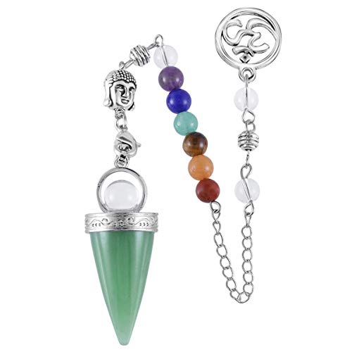 KYEYGWO Aventurine Pendule Divinatoire Radiesthésie en Pierre d'Énergie Hexagonal Pointé, 7 Chakras Reiki Prisme Protection Pendentif Perle Ronde avec Chaîne 7.5" Cover