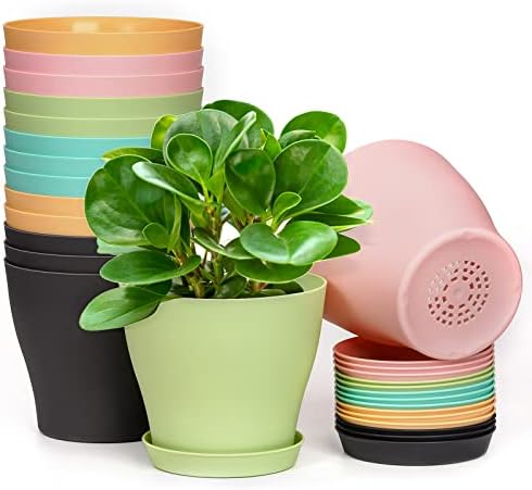 homenote Plant Pots, Set of 15 Plastic Planters with Multiple Drainage Holes and Tray 6 inch Indoor Plant Pot for All Home Garden Flowers Succulents (Colorful)