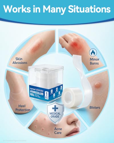 Image of Ourmed Hydrocolloid Bandage Roll, 2in x 5ft Cut-to-Size Self-Adhesive Dressing with Storage Box, Waterproof Flexible Wound Cover for Acne Care, Blisters, Minor Cuts & Home First Aid