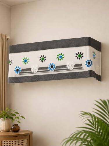 Image of Premium Cotton Net Split AC Cover for 1.5 Ton Indoor Unit | Designer Summer AC Dust Protection Cover | Stylish Protective AC Cover | 38 x 15.35 x 7.8 In | Grey Flower