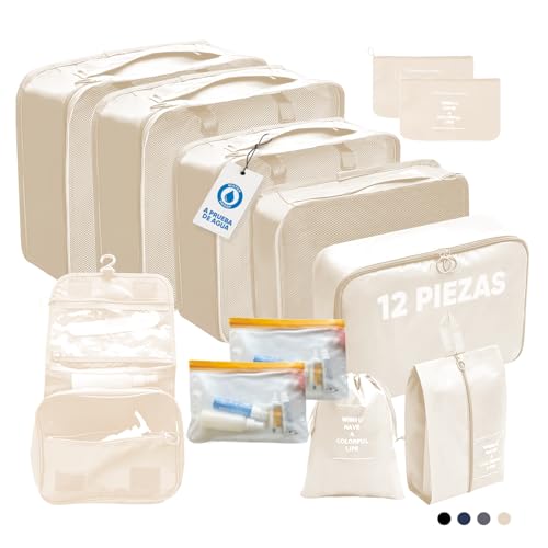 Organizador Maleta Viaje de 12 Piezas - Organizadores de Maletas Impermeables - Packing Cubes - Separadores de Ropa Compactos para Equipaje - Bolsas Organizadoras para Mochila de Cabina (Beige)