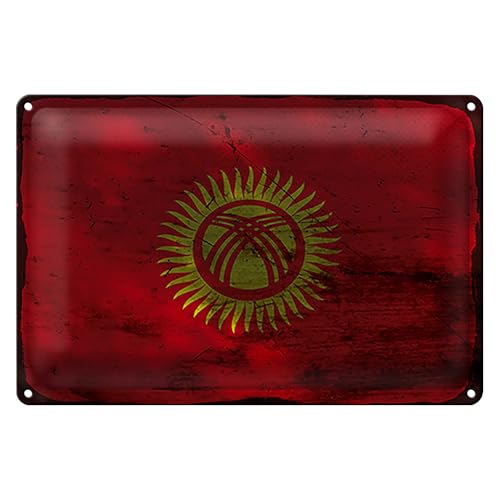 Plaque métallique vintage | Drapeau du Kirghizistan | Affiche rétro en métal | 18 cm x 12 cm