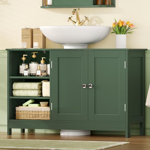 Image of TEENFON 35.4 inch Pedestal Sink Storage Cabinet with 2 Doors and Adjustable Shelves, Bathroom Sink Cabinet, Under Sink Storage with U-Shape Cut-Out, Green