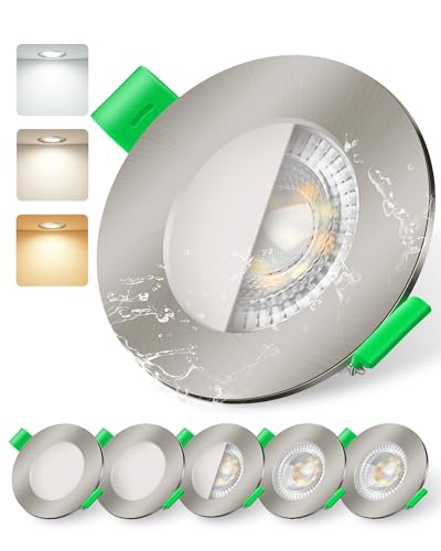 ALUSSO Einbaustrahler 230V 68mm, 6W LED Einbaustrahler Flach 3CCT Warmweiß 3000K Naturweiß 4000K Kaltweiß 6500K, IP44 Spots Dimmbar für Küche Badezimmer Wohnzimmer 6er-Pack Nickel