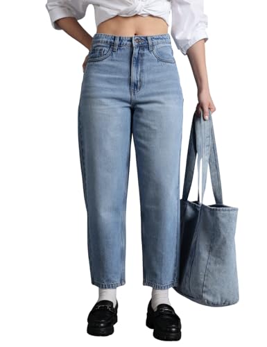 Image of INKD Women's Barrel Fit Jeans - 100% Cotton | High- Rise | Comfortable Fit | Casual Denims | Jeans for Women | Mom Fit Jean | Ankle Length Jean (Available in Plus Sizes)