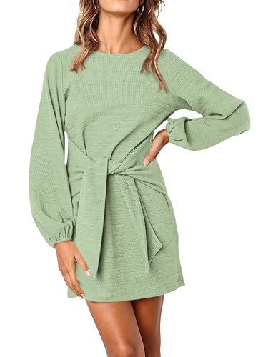 PRETTYGARDEN Womens Spring Elegant Long Lantern Sleeve Short Dress Wedding Guest Crewneck Tie Waist Knit Cocktail Dresses (Bean Green,Large)