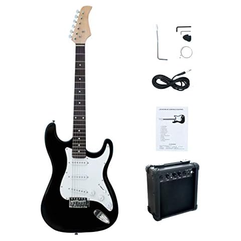 CB SKY ST Full-Size 39" Adult size Electric Guitar Black with 5W Amplifier (powered by 9V battery or adaptor - not included), Extra Strings, Cable and Guitar Pick Cover