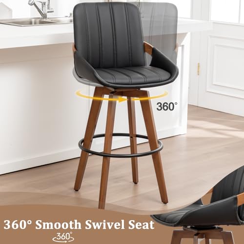 Image of AQG Bar Stools Set of 3, 29.5 Inch Mid Century Modern Bar Height Bar Chairs, Swivel Barstools with Walnut Craft, Faux Leather Upholstered Furniture for Island /Counter (Black, 29.5 inch-3 PCS)