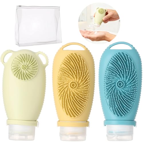 3 PCS Silicone Travel Bottles, 100 ml Leak-Proof Refillable Toiletry Containers with Massage Brush & PVC Zipper Bag, Squeezable Bottles for Shampoo, Body Wash & Facial Cleanser - Image 7