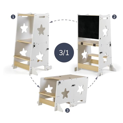 Miniatura 2 de Ms Babyworld Learn Up Torre De Aprendizaje Montessori Convertible En Escritorio Con Pizarra Y Taburete Madera Maciza Barra De Seguridad Plegable