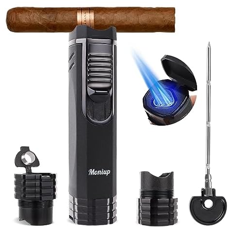 All-in-one Cigar Torch Lighter with Triple Flame, 2 Cigar Holders, Cigar Draw Enhancer, Cigar Punch, Cigar Accessories for Men's Gifts, Refillable Windproof Butane Cool Lighters for Smoking, Candles Cover