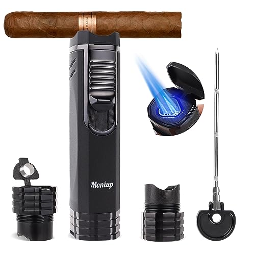 All-in-one Torch Cigar Lighter with Triple Flame, Cigar Punch, Cigar Poker, Cigar Holder, Gas Window, Luxurious Gifts for Men, Refillable Windproof Butane Cool Lighters for Smoking, Candles, Christmas