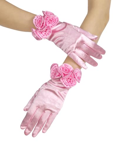 Goiruiya Short Satin Floral Gloves Elegant Wedding Dress Gloves for Opera Dinner Party Accessories Pink