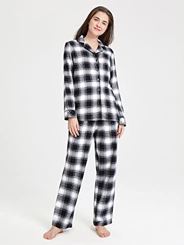 SIORO Button Up Pajama Set For Women Flannel Plaid Sleepwear Long Sleeve Shirt And Pajama Pants Soft Pjs Lounge Sets2