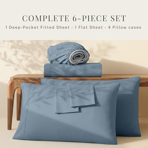 Image of Hearth & Harbor Bed Sheets, Luxury Soft 6 Piece Bed Sheet Set Extra Deep Pocket Fitted Sheets Fits Mattress up to 21 inch, Double Brushed Bedding Sheets & Pillowcases, Twin XL, Soft Blue