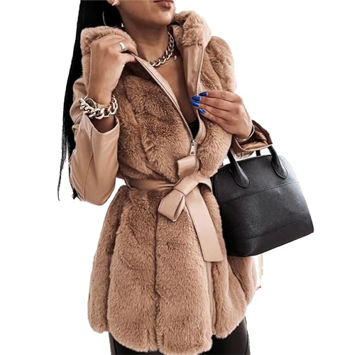Qolkmuiy-GJ Women's Faux Fur Jacket With Belt Leather Shearling Fleece Furs Lined Coat Winter Pu Hooded Zippered Overcoat (Khaki,M)