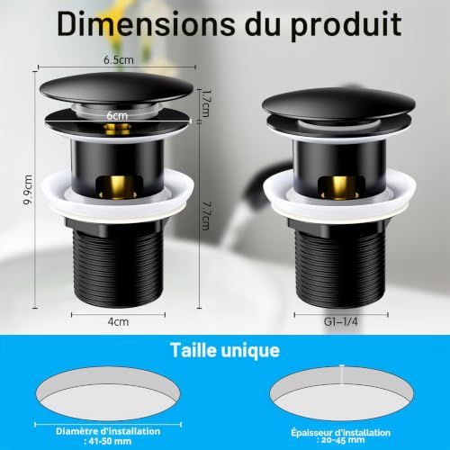 Bonde de Lavabo,Bonde Clic Clac,Bonde Lavabo Salle de Bain Laiton,Trop Plein,Universelle G 1 ¼,Noir – vue 2