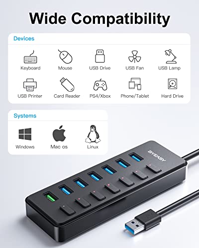 BYEASY-7-in-1-Multiport-USB-Hub-with-BC12-Smart-Charging-Port-Powered-USB-30-Hub-with-5V3A-Power-AdapterUSB-Data-Splitter-with-Individual-Indicator-for-Notebook-Laptop-Tablet-USB-Flash-Drives-PC