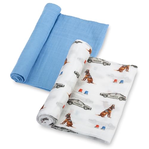 Image of LollyBanks Muslin Swaddle Blankets 2 Pack, 100% Cotton Baby Blanket for Boys, Soft and Lightweight 47 x 47 Inches Newborn Swaddles, Gentle Infant Blankets, Baby Essentials (Police Dog and Blue)