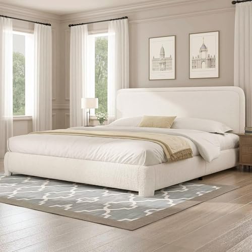 Image of BarnFurin King Bed Frame and Headboard, Cloud Boucle Upholstered Platform Bed Frame, Modern Style, Soft Rounded Corners, No Box Spring Required, Easy Assembly, Beige