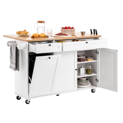 VEVOR Wyspa kuchenna z miejscem do przechowywania, mobilny wózek kuchenny o szerokości 153 cm z kółkami, 2 szuflady, szafka na śmieci, uchwyt na noże, stojak na przyprawy i wieszak na ręczniki, stół