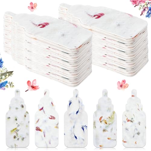 Dunzoom 50 Pcs Plantable Seed Paper Tags Wildflower,Bottle | Handmade Recycled with Real Petals, For Wedding Shower Favors Birthday Party, 14 Styles Packets