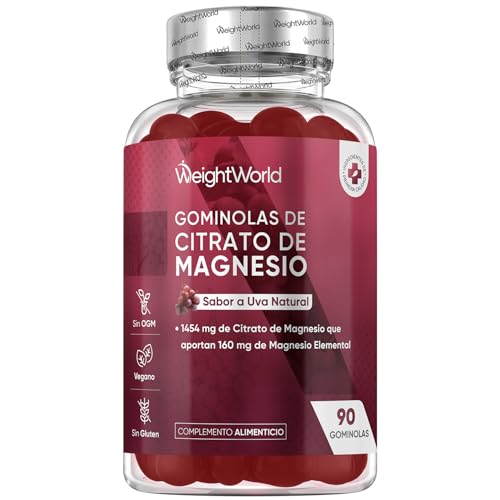 Citrato de Magnesio Gominolas - 90 Gominolas Sabor a Uva, 1454 mg que Aportan 160 mg de Magnesio Elemental - Para 45 Días, Apto para Veganos, Sin Lactosa ni OGM
