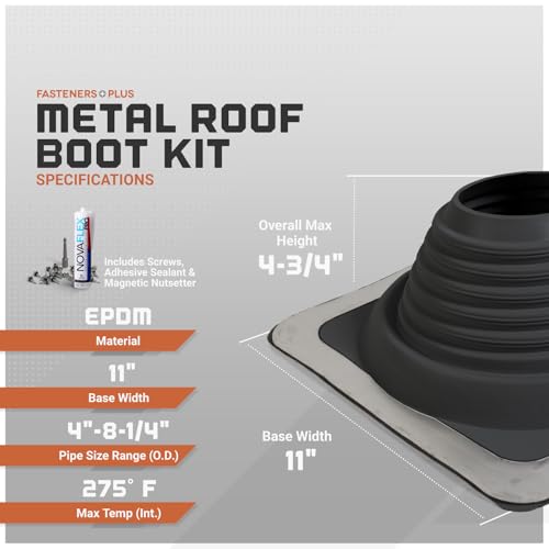 Image of Fasteners Plus #5 Square EPDM Metal Roof Pipe Flashing Boot | with Complete Install Kit (Fits 4 inch - 8-1 /4 inch Pipe OD), Black