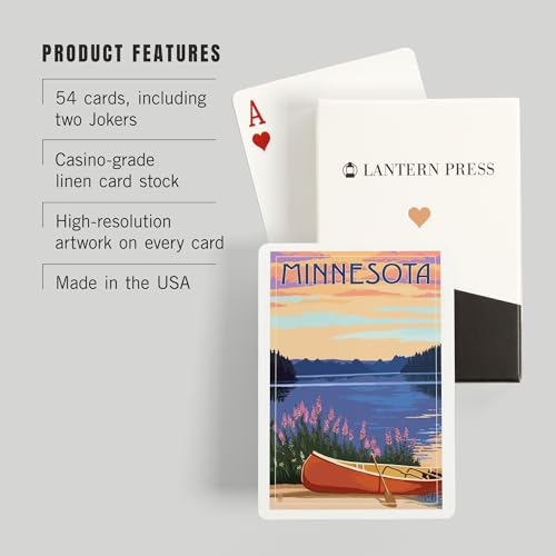 Lantern Press Minnesota, Canoe and Lake, 52 cartas póker miniatura 3
